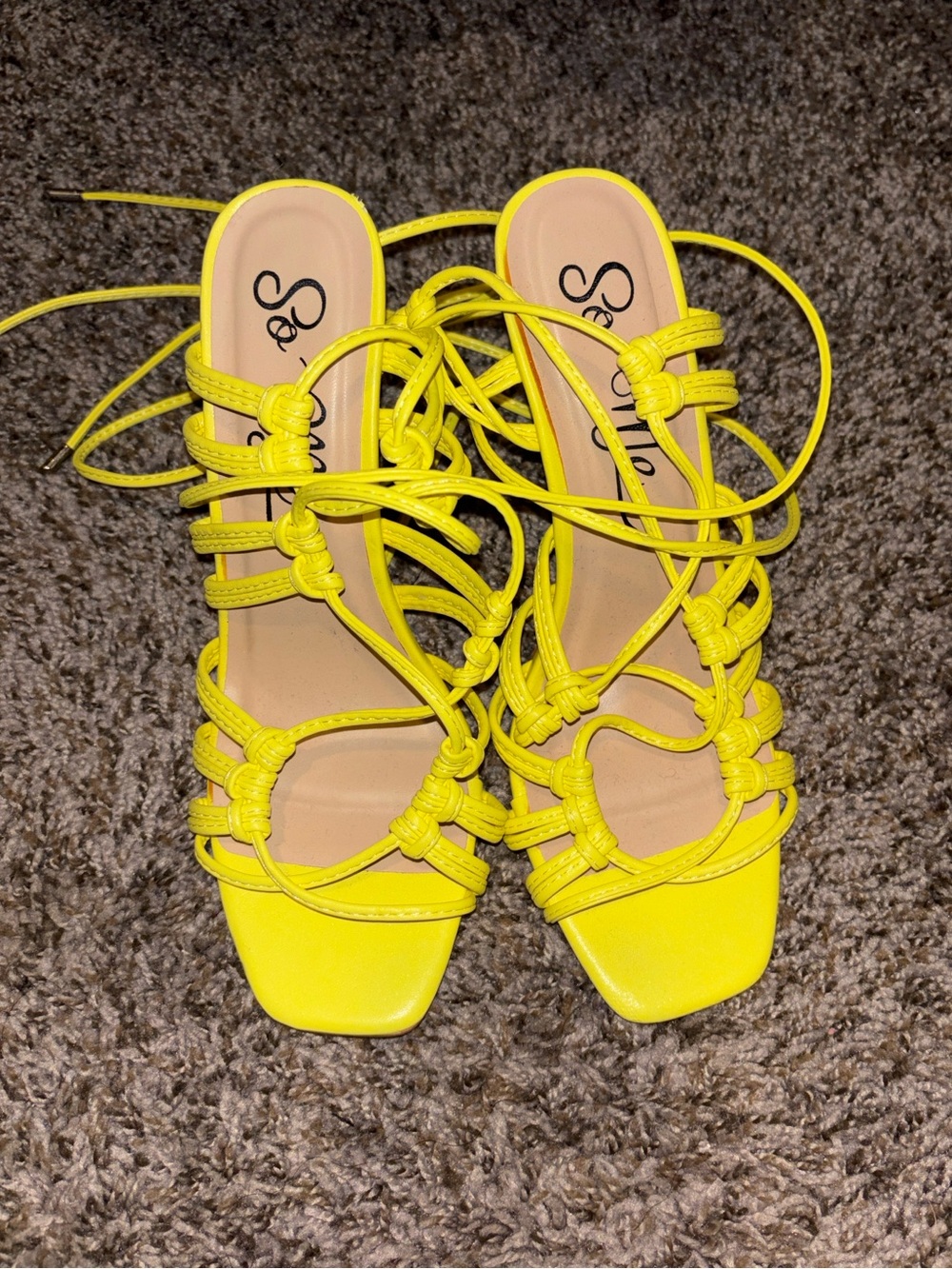 So Me Yellow Knotted Lace-Up Heeled Sandals